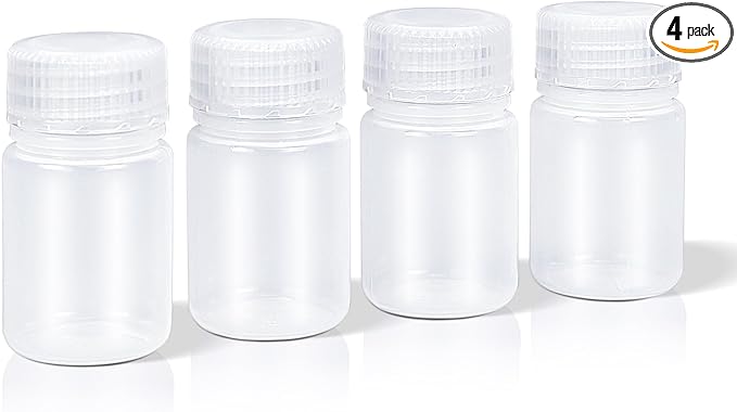 DEMORA 1 oz Small Plastic Bottles with Caps, Airtight Refillable Wide Mouth Travel Bottles for Toiletries, PP Food Grade Plastic Containers for Liquids Pill Sample Lab Reagent (Clear, 4 Pcs)