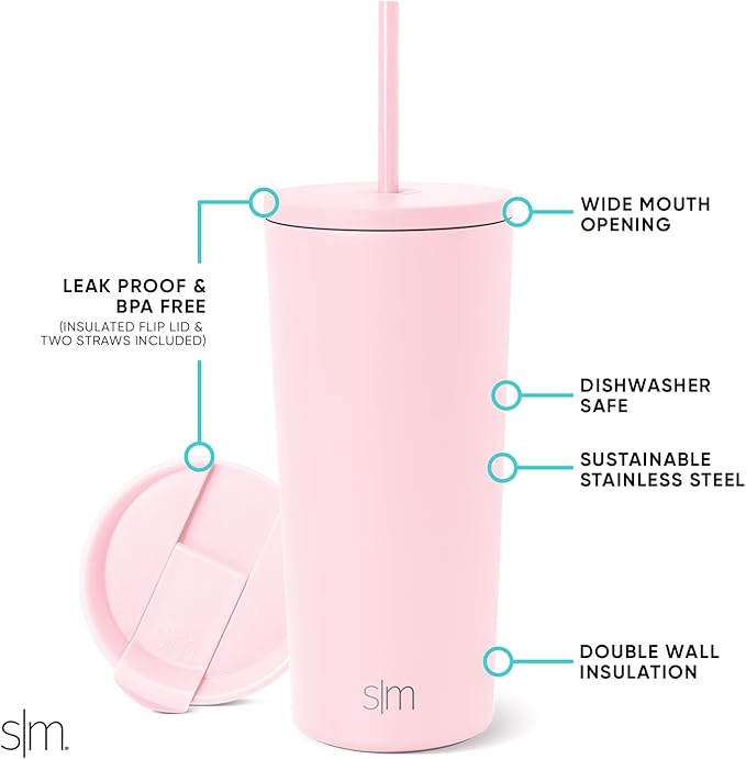 Simple Modern Classic Tumbler with Straw Lid | Insulated Iced Coffee Cup Reusable Stainless Steel Water Bottle Travel Mug | Gifts for Women Men Her Him | 20oz | Blush
