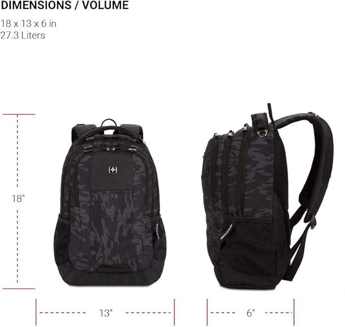SWISSGEAR Cecil 18-Inch Laptop Backpack Fits 16-Inch Laptop, Travel Daypack with Organizer Pockets, Water Bottle Holders & Padded Straps – Black Cod/Camo