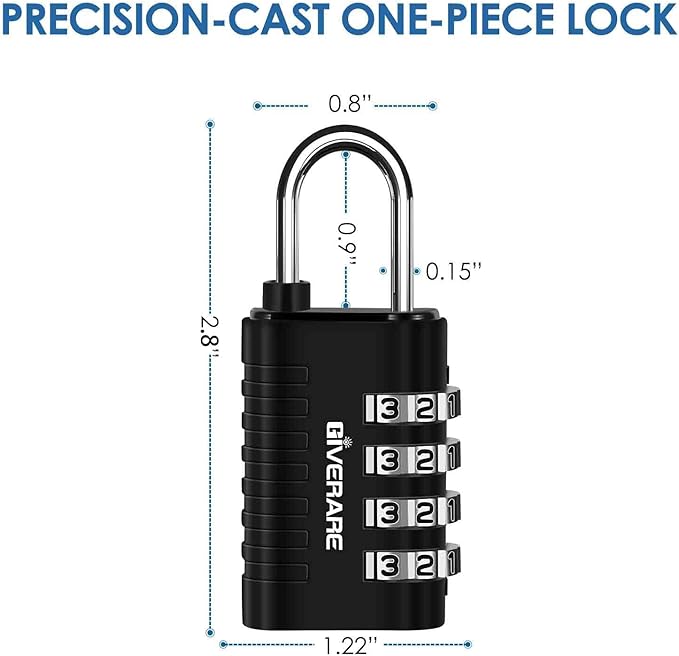 4 Pack Combination Lock, 4-Digit Padlock Keyless, Resettable Metal Luggage Locks, Weatherproof Alloy Travel Lock for Backpack, Gym, School, Locker, Fence, Gate, Hasp, Case, Black Silver-by GIVERARE