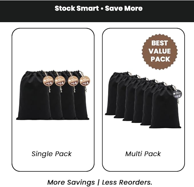 LFH Cotton Rich Shoe Storage Bags with Drawstring, Dustproof Breathable Reusable Organizer, Perfect For Travel, Dorm, Hotel, College, Gym, Machine Washable 8"x17" (Pack of 4) - Black sand