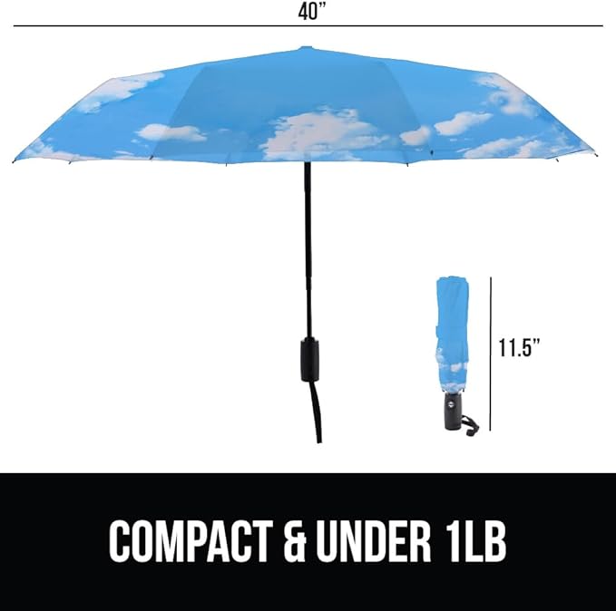 GORILLA GRIP Strong Windproof Stick Compact Umbrella for Rain, One-Click Automatic Open and Close, Durable Quick Dry Waterproof Material, Lightweight and Portable, Travel Size Fits Backpack, Sky Blue