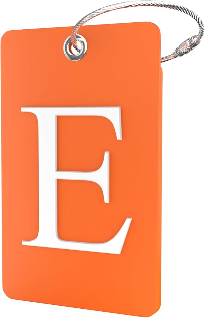 Shacke Luggage Tag Initial – Fully Bendable Tag w/Stainless Steel Loop - Orange (Letter E)
