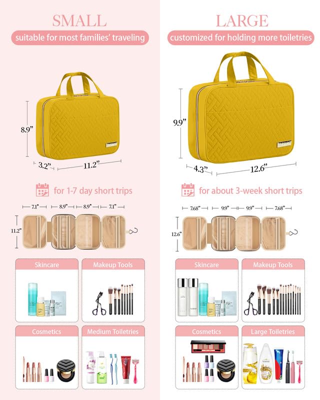 HOTOR Travel Toiletry Bag - Hanging Toiletry Bag for Women & Men, Makeup Bag/Big Comparment, Waterproof for Travel Accessories, Travel Essentials, Medium, Yellow