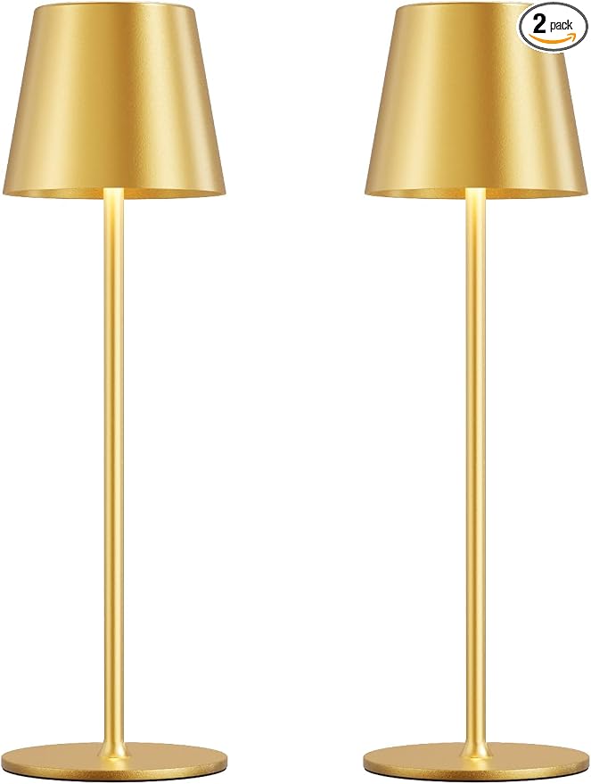 Cordless Table Lamp Rechargeable Gold - KK 2 Pack 5000mAH Battery Operated Lamp for Dining Table, 3 Color Stepless Dimming Wireless Lamp for Counter, Outdoor Patio, Touch Control, Water Repellent
