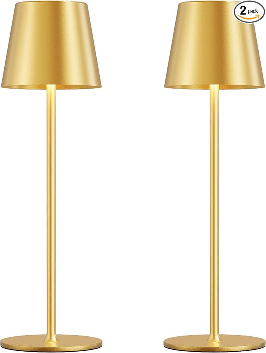 Cordless Table Lamp Rechargeable Gold - KK 2 Pack 5000mAH Battery Operated Lamp for Dining Table, 3 Color Stepless Dimming Wireless Lamp for Counter, Outdoor Patio, Touch Control, Water Repellent
