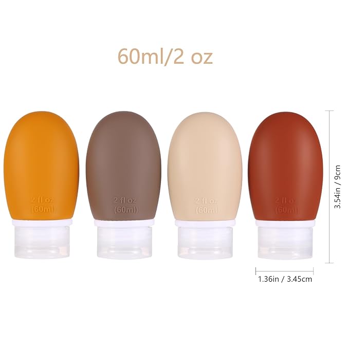 Leak Proof Silicone Travel Bottles,4 Pack 2oz Liquid Squeezable Refillable Portable Accessories/Cosmetic Containers,BPA Free,Travel Size Bottles for Toiletries Shampoo Conditioner Lotion(Brown)