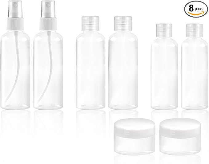 8Pcs Travel Bottles Set, TSA Approved Travel Size Toiletries, Reusable Leak Proof Cosmetic Containers for Shampoo, Conditioner, Cream -Women Men Travel Essentials
