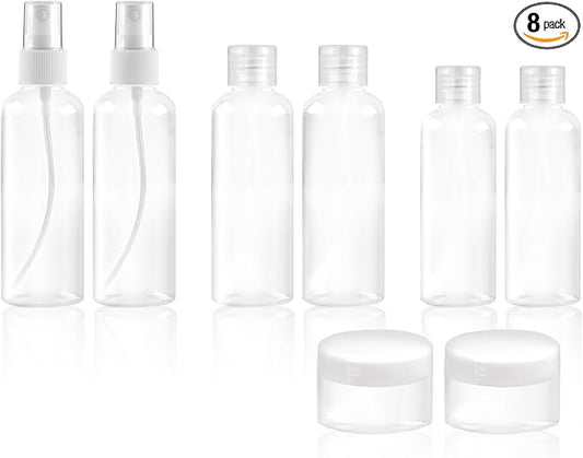 8Pcs Travel Bottles Set, TSA Approved Travel Size Toiletries, Reusable Leak Proof Cosmetic Containers for Shampoo, Conditioner, Cream -Women Men Travel Essentials