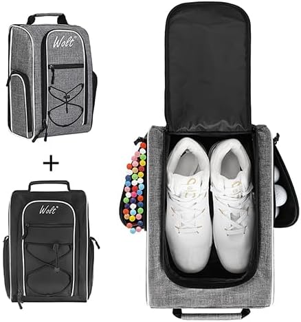 Wolt 2 Pcs Golf Shoe Bag for Travel- Zippered Shoes Carrier Bags with Ventilation & Double Outside Accessory Pocket for Socks, Tees, Golf Balls, Etc. for Women and Men (Black+Grey)