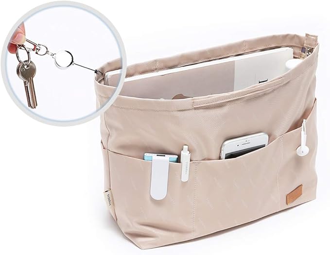 iN. Purse Organizer Insert with zipper Nylon fabric for women Handbags & Totebag beige Size: Large: 15.7"(Top)/12.2"(Bottom) L × 4.9"W × 10"H