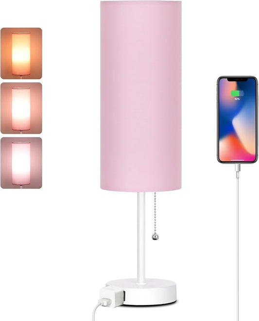 Dott Arts 18" Table Lamp for Bedroom, 3-Color Bedside Lamps with Pull Chain | Bedroom Table Lamps for Nightstand,AC Outlet Small Lamp for Living Room, Bulb Included Pink
