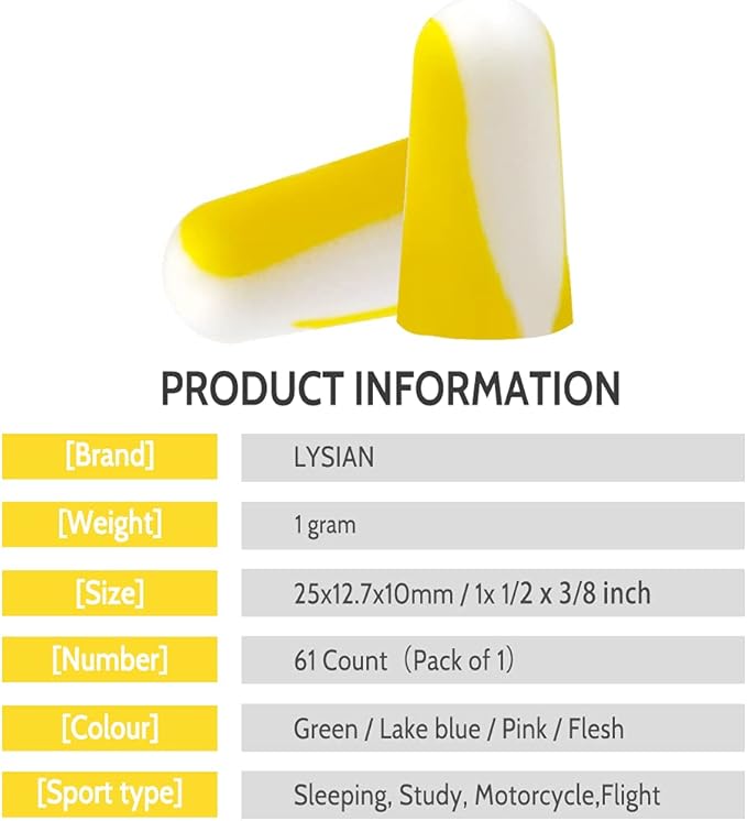 LYSIAN Foam Earplugs - 60 Pairs, 38dB Ear Plugs for Sleeping Noise Cancelling, Mowing, Shooting,Double Color Yellow/White