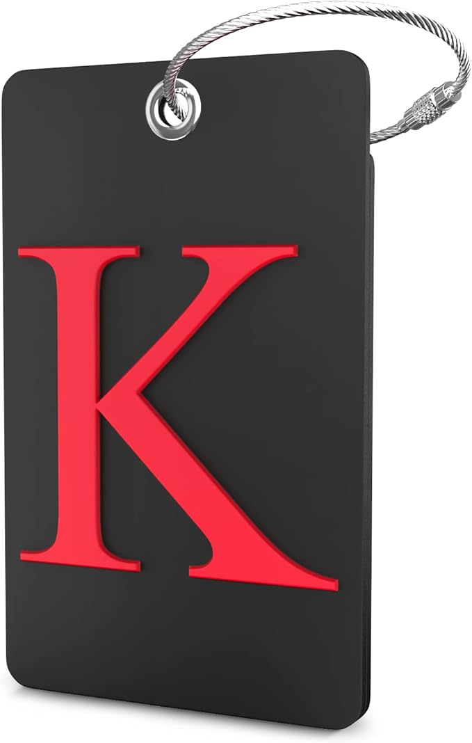 Shacke Luggage Tag Initial - Fully Bendable Tag w/Stainless Steel Loop - Black (Letter K)