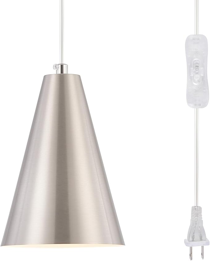 Brushed Nickel Plug In Pendant Light,Hanging Lights with Plug In Cord On/Off Switch, Mini Silver Pendant Lights for Kitchen Island,Modern Chandelier with Metal Shade,Hanging Lamps for Bedroom