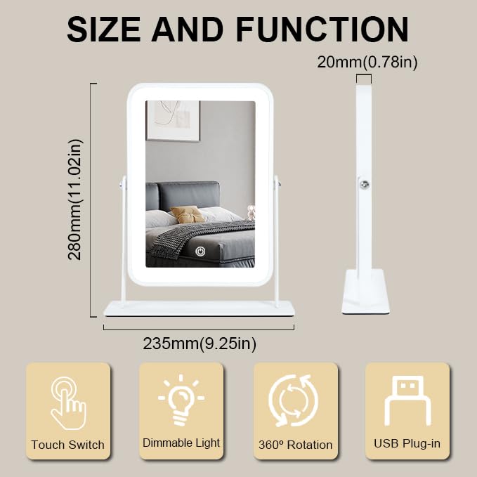 YEKKOPT Rechargeable Small Vanity Mirror with Lights,9"x11"Portable LED Desk Mirror, Make up Mirror with Lighting,Touch Screen with 3-Color Lighting, Dimmable, for Shaving, Tabletop, Bedroom