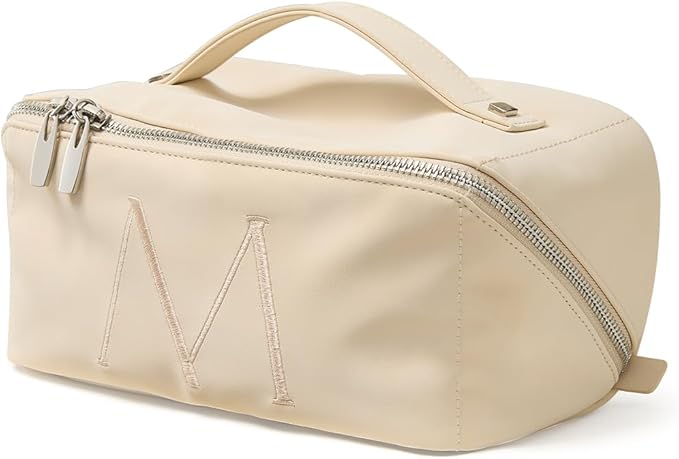EACHY Travel Makeup Bag, Large Capacity Cosmetic Bag for Women, Waterproof PU Leather, Flat Open Portable Toiletry Bag for Skincare, Brushes & Travel Essentials