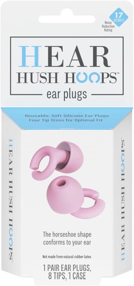 Hush Hoops Ear Plugs, Ultra-Soft Reusable Noise Reducing Earplugs with Horseshoe Shape for Comfort, 4 Tip Sizes for Customizable Fit, 17dB (NRR) Noise Reduction Rating, Pink, 1 Pair with Travel Case