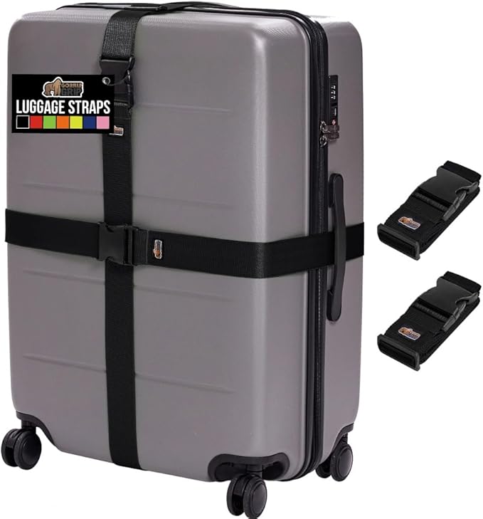 GORILLA GRIP Heavy Duty Adjustable Luggage Straps for Suitcases, Easy to Identify Travel Belt Connector Holds Suitcase Together, Extends Life of Bag, Strap Connects Two Bags, Accessories 2 Pack Black