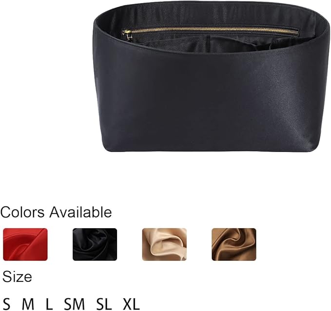 Purse Organizer Insert For Handbags, Silk Purse Organizer with Zipper, Silky Smooth, Bag Organizer For Speedy Neverfull Tote,onthego,Artsy, 6 Sizes(Slender Large, Silky Black)