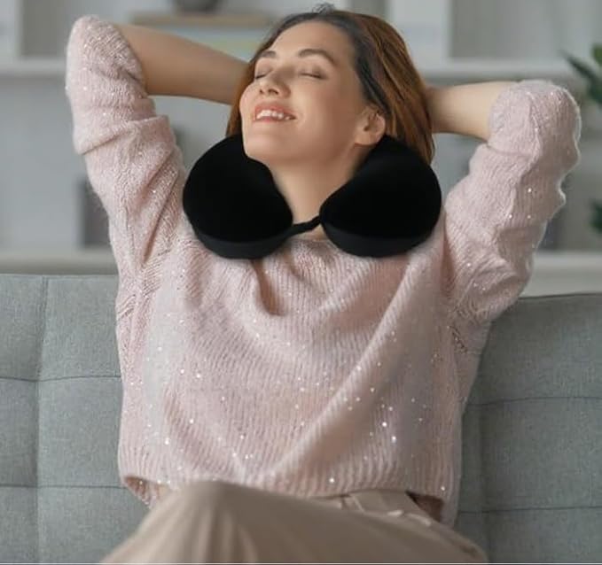 Travel Neck Pillow - 100% Memory Foam Support Pillow for Aiplanes Cars Home Use Office USC and Provides Neck Support (Black)