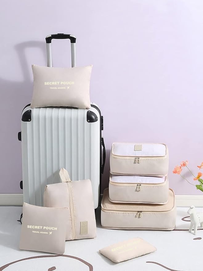 7 Set Packing Cubes, Packing Organizers Travel Foldable Luggage Organizers Storage Bag Accessories for Suitcase with Laundry Bag & Shoe Bag, Beige