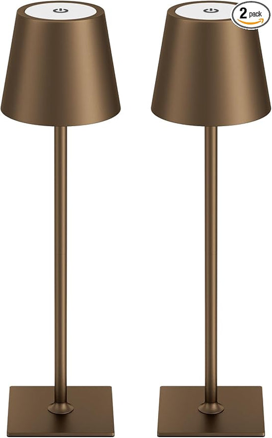 Kakanuo Brown Cordless Rechargeable Table Lamp 5000mAh Battery Operated Lamps, 3 Colors Stepless Dimming Touch Lamp for Living Room, Kitchen Counter, Dining, Outdoor Patio, 2 Pack