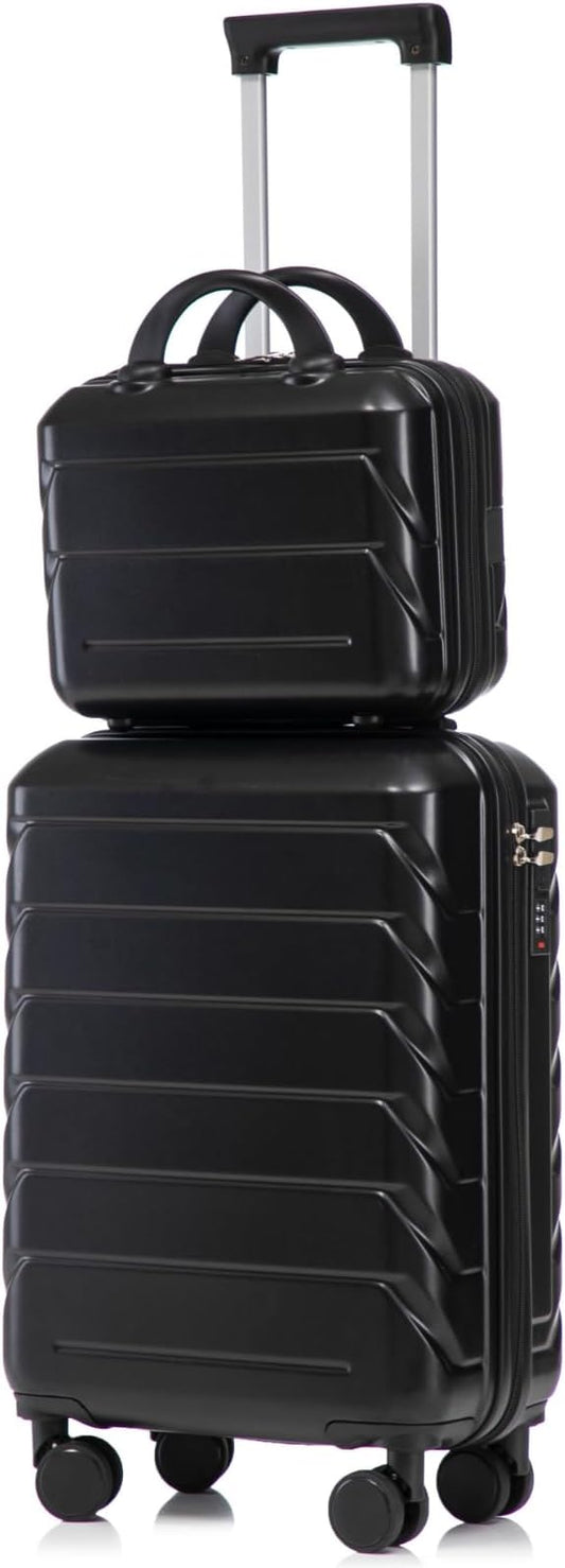 2-Piece ABS Hard Shell Lightweight Carry-On Luggage Set (14" & 20"), 360-Degree Spinner Wheels, Adjustable Telescopic Handle and Combination Lock for Travel, Black