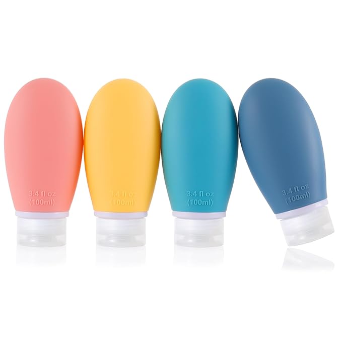 Silicone Travel Bottles, 4 Pack 3.4oz Leak Proof Liquid Squeezable Refillable Portable Accessories/Cosmetic Containers, BPA Free, Travel Size for Toiletries Shampoo Conditioner Lotion