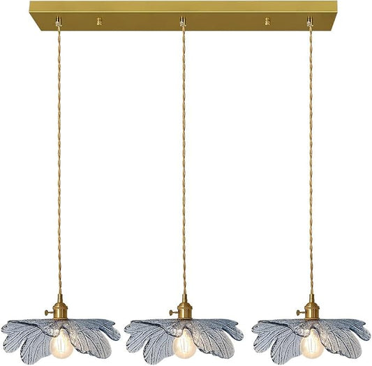 3-Light Hand Blown Glass Chandelier, Blue Flower Glass Shade with Brushed Brass Gold Base, Adjustable Pendant Light Mid Century Vintage Farmhouse Hanging Lamp for Dining Room Kitchen Island