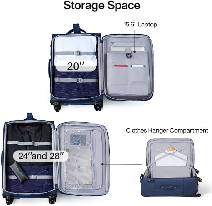 Hanke Luggage Sets 2 Piece Softside Expandable Luggage With Spinner Wheels TSA Lock,Travel Luggage Rolling Suitcase Checked Luggage Blue(20/28)