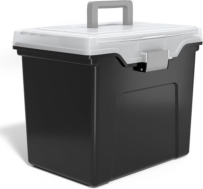 STAPLES File Folder Tote, Portable Filing Box for Letter SIze Hanging Folders, Security Latch & Built-In Lid Organizer, Black/Clear