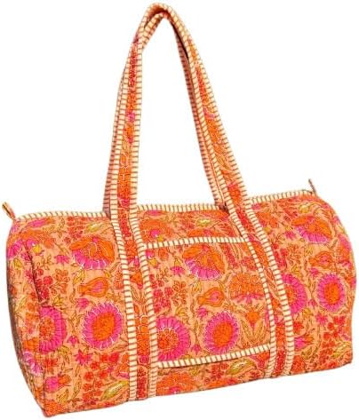 Large Orange Pink Cotton Quilted Duffle Bags Block Print Gifts Handmade Colorful Travel Night Travel Gym Yoga Luggage Pocket 18X9X9 inches
