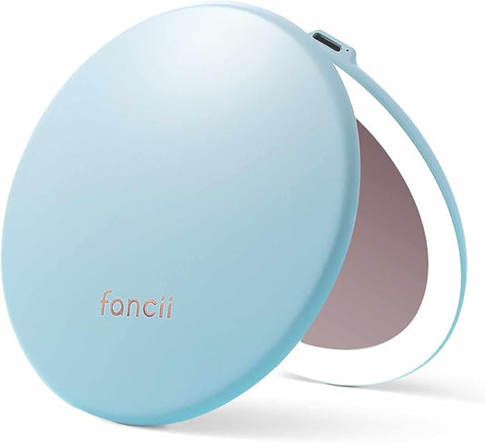 Fancii Taylor Rechargeable Compact Makeup Mirror with LED Lights, 10x /1x Magnifying, 3 Light Settings, Large 5” Wide | Travel Mirror for Purses (Soft Sky)