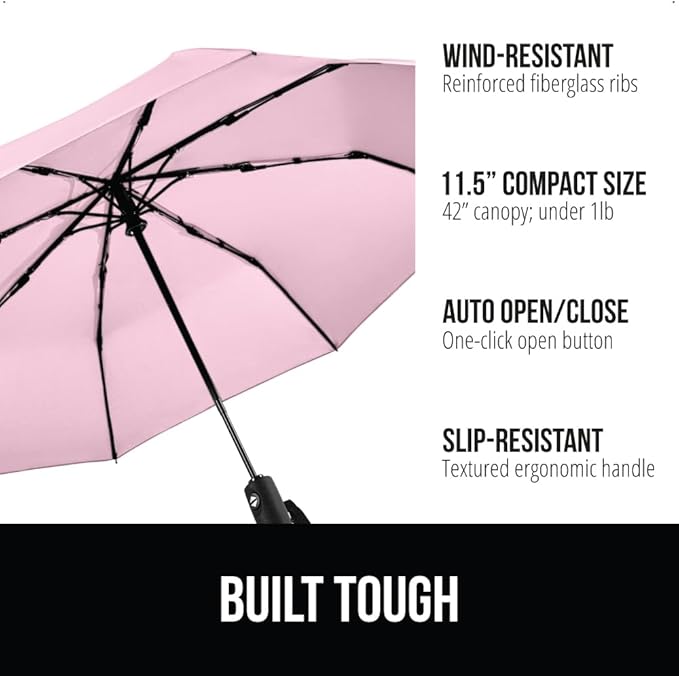 GORILLA GRIP Strong Windproof Stick Compact Umbrella for Rain, One-Click Automatic Open and Close, Durable Quick Dry Waterproof Material, Lightweight and Portable, Travel Size Fits Backpack, Pink