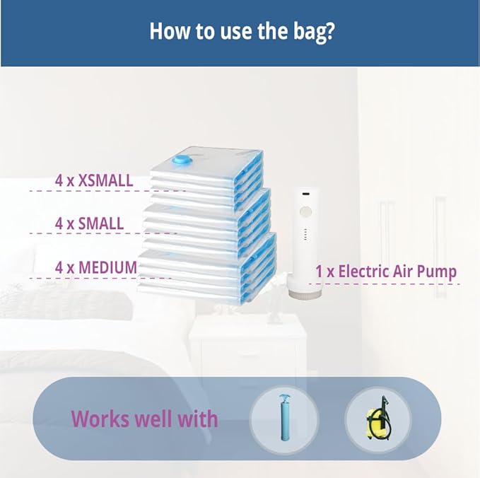 12 Pack Travel Space Saver Vacuum Storage Bags, Vacuum Seal Compression Bags for Clothes, Packing, Luggage, Blankets, Comforters and Pillows, Cordless Rechargable Electric Pump Included
