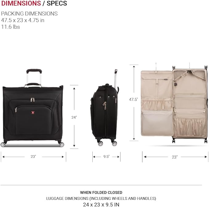 SwissGear 7895 Premium Garment Bag with Spinner Wheels, Amazon Exclusive, Bonus Hanging Feature, 24-Inch Luggage - Black