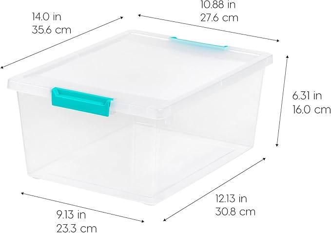 IRIS USA 12 Qt. Craft Storage Bins with Lids, 4-Pack, |Made in USA|, Clip Box, Medium Plastic Sensory Bin Tote Organizer Containers for Art Supplies, Paper, & Office, Stackable - Clear/Seafoam Blue
