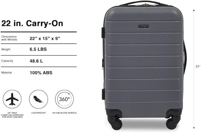 Wrangler Smart Spinner Hardside Luggage, 22-Inch Carry-On, Quiet Shade