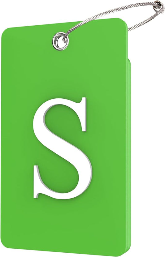 Gostwo 2 Pack Luggage Tags for Suitcases, 26 Initial Letter Travel Luggage Baggage Identification Labels ID Tag Fully Bendable Tags with Stainless Steel Loop (Green) (Letter S)