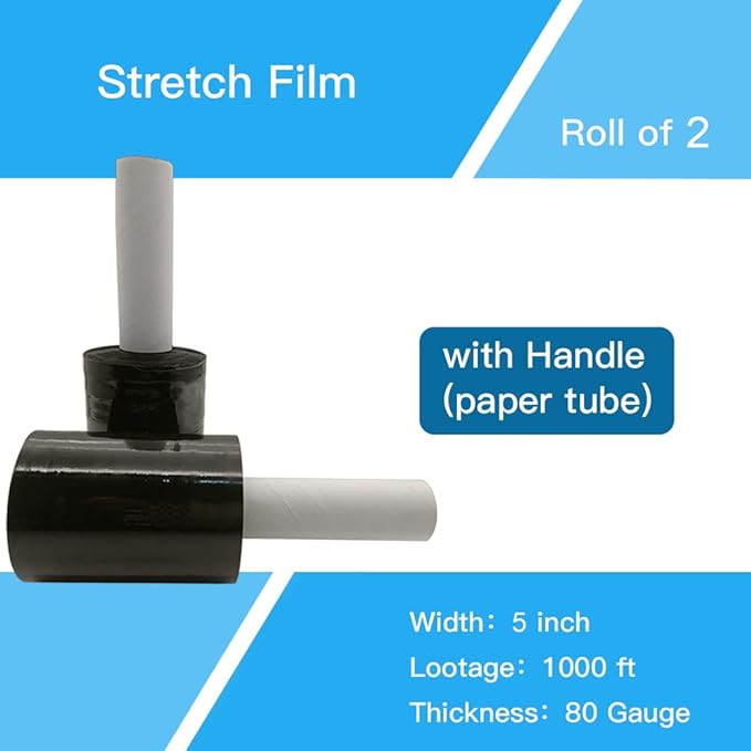 Stretch Wrap Roll 5"×1000' Plastic Wrap Roll for Moving Shipping Wrap,Industrial Strength Black Shrink Packing Wrap Heavy Duty Stretch Film with Handle(2roll)