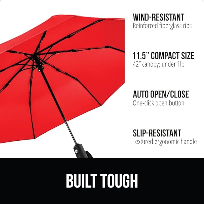 GORILLA GRIP Strong Windproof Stick Compact Umbrella for Rain, One-Click Automatic Open and Close, Durable Quick Dry Waterproof Material, Lightweight and Portable, Travel Size Fits Backpack, Red