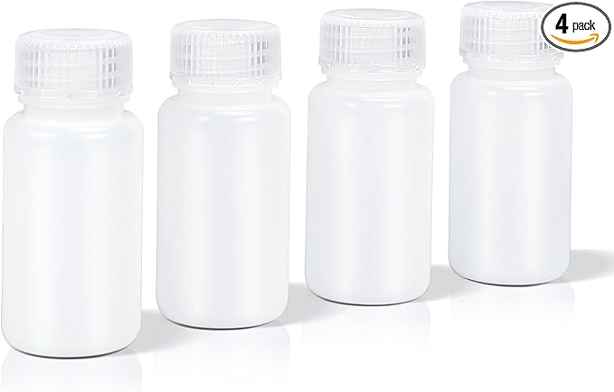 DEMORA 2 oz Small Plastic Bottles with Caps, Airtight Refillable Wide Mouth Travel Bottles for Toiletries, HDPE Food Grade Plastic Containers for Liquids Pill Sample Lab Reagent (Translucent, 4 Pcs)
