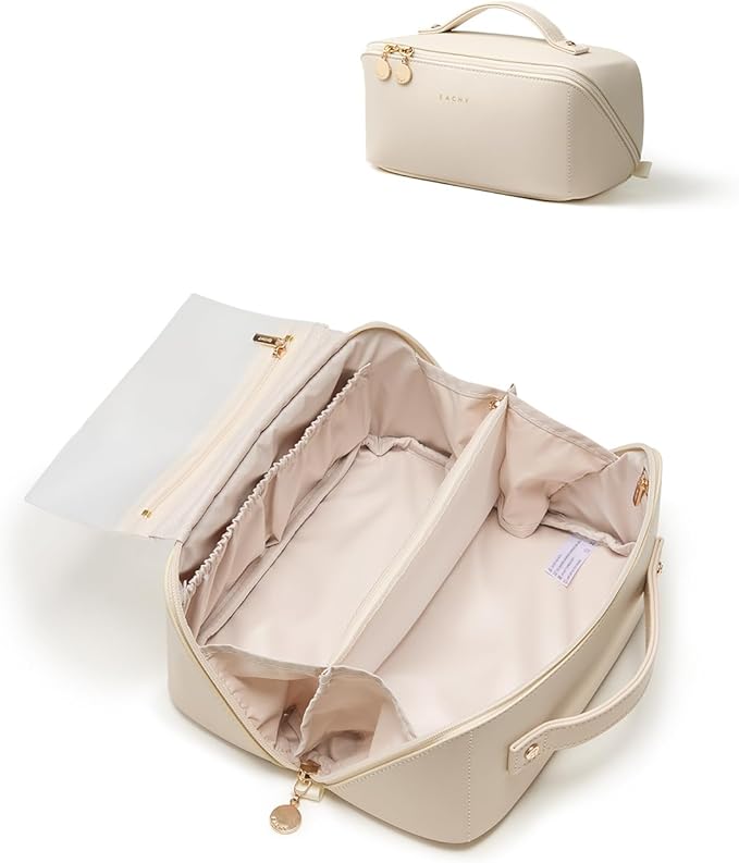 EACHY Travel Makeup Bag, Large Capacity Cosmetic Bag for Women, Waterproof PU Leather, Flat Open Portable Toiletry Bag for Skincare, Brushes & Travel Essentials