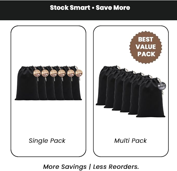 LFH Cotton Rich Shoe Storage Bags with Drawstring, Dustproof Breathable Reusable Organizer, Perfect For Travel, Dorm, Hotel, College, Gym, Machine Washable 12"x17" (Pack of 6) - Black sand