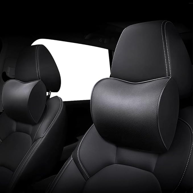 2 Pack Car Leather Neck Pillow, Neck Rest Cushion， Memory Foam and Breathable Removable Cover, Stress-reducing, Anti-Fatigue (Black 2 Pack)
