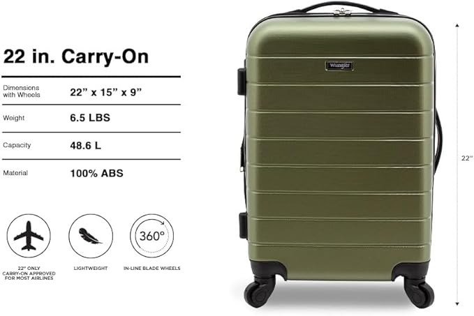Wrangler Smart Spinner Hardside Luggage, 22-Inch Carry-On, Olive Green