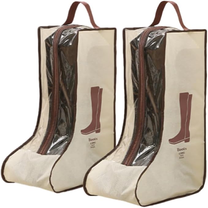 2 Set Boot Storage - Portable Short & Tall Boots Protector Bag, Dust-Free Travel Shoe Sleeves, Clear Cover for Sneakers (Beige-Tall)