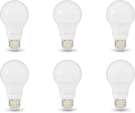 Amazon Basics A19 LED Light Bulbs, 60W Equivalent, 9W Energy Efficient, E26 Standard Base, Daylight White 5000K, Dimmable, 10,000 Hour Lifetime, 6-Pack