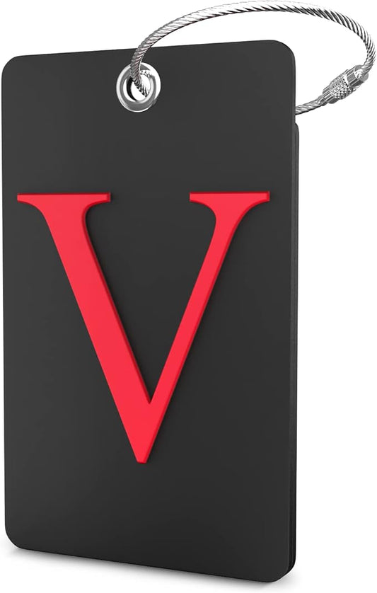 Shacke Luggage Tag Initial - Fully Bendable Tag w/Stainless Steel Loop - Black (Letter V)